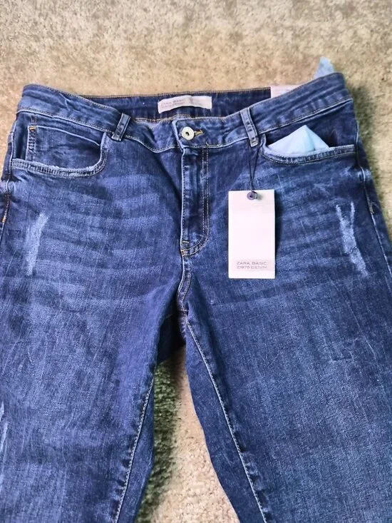 ZARA Basic Z1975 Women’s Blue  Mid Rise Skinny Jeans Size 12 Pearl Raw Hem F884 - Picture 2 of 12